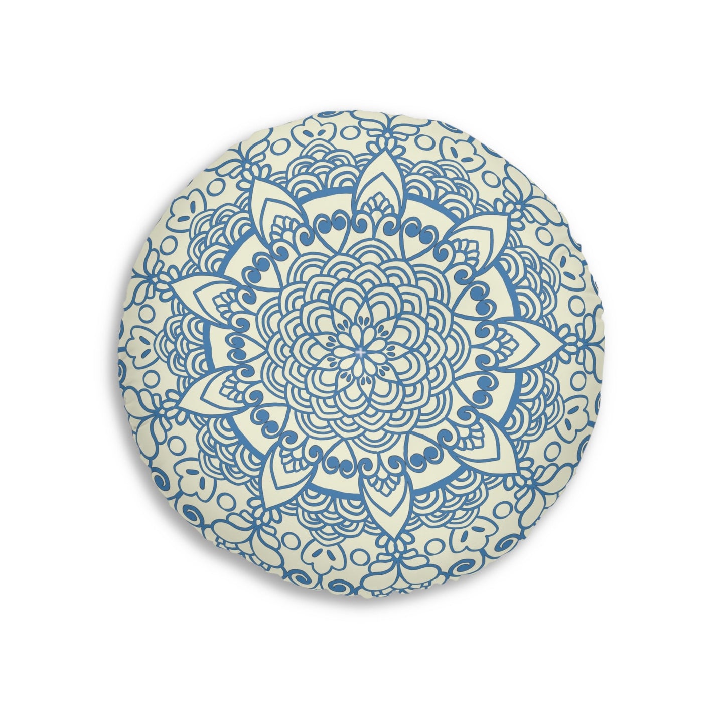 Floor Cushion Handmade Mandala Art - Steel Blue on Beige background - Drawn by Hand - Tufted Floor Pillow, Round - Blululi