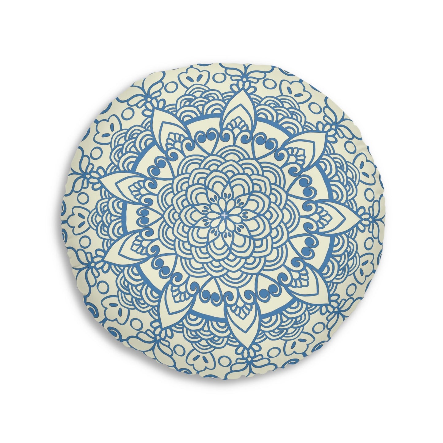 Floor Cushion Handmade Mandala Art - Steel Blue on Beige background - Drawn by Hand - Tufted Floor Pillow, Round - Blululi