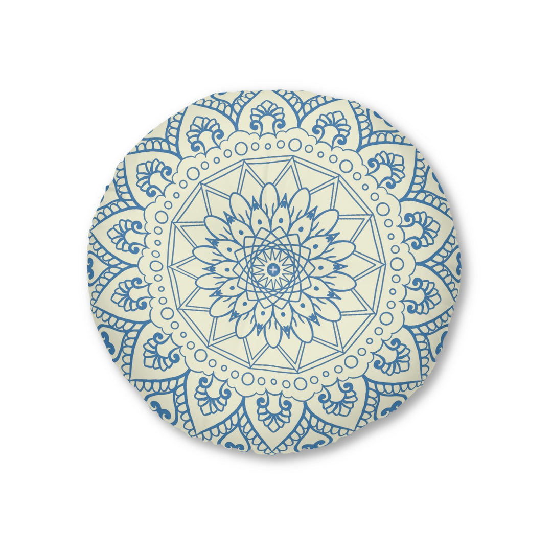 Floor Cushion Handmade Mandala Art - Steel Blue on Beige background - Drawn by Hand - Tufted Floor Pillow, Round - Blululi