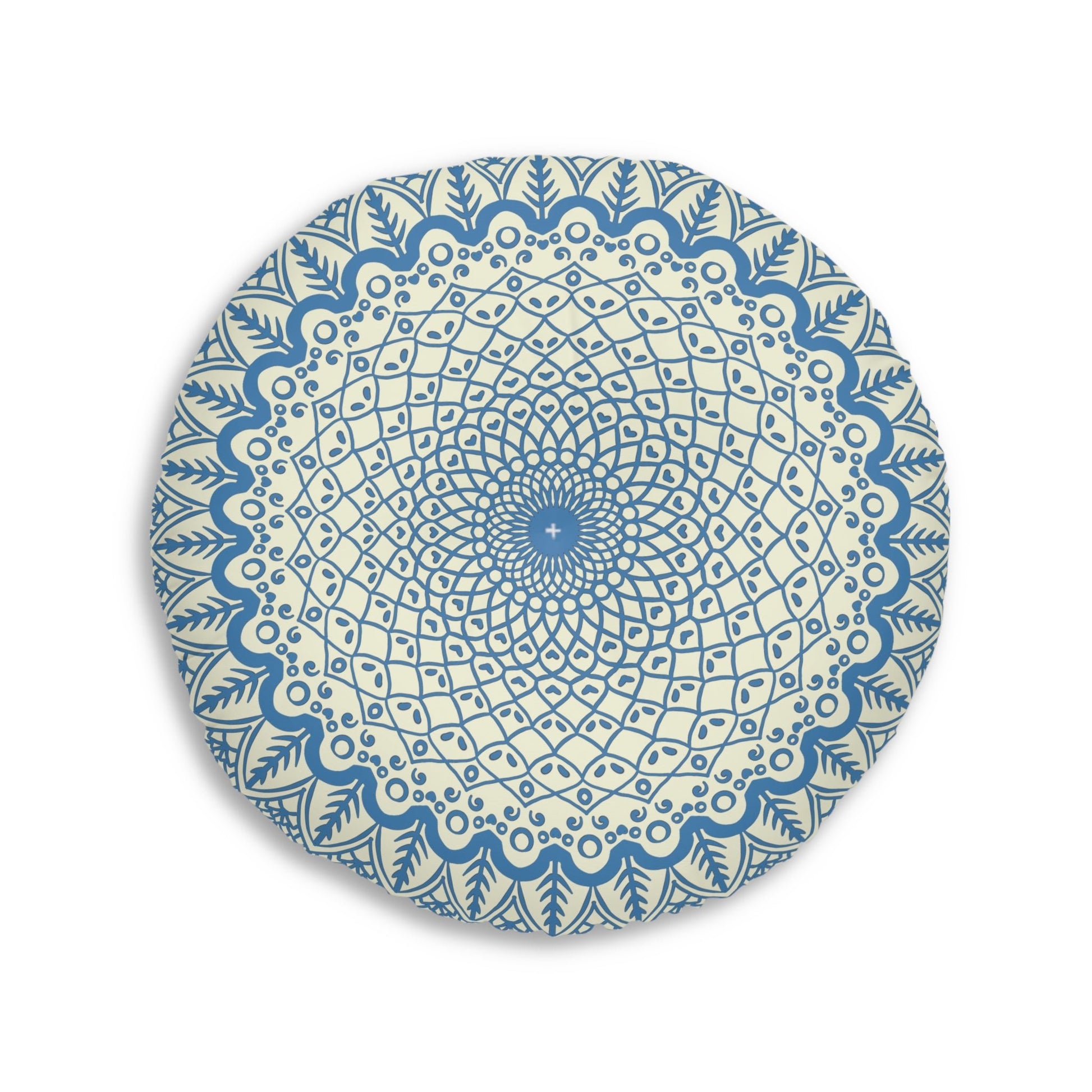 Floor Cushion Handmade Mandala Art - Steel Blue on Beige background - Drawn by Hand - Tufted Floor Pillow, Round - Blululi