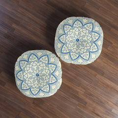 Floor Cushion Handmade Mandala Art - Steel Blue on Beige background - Drawn by Hand - Tufted Floor Pillow, Round - Blululi
