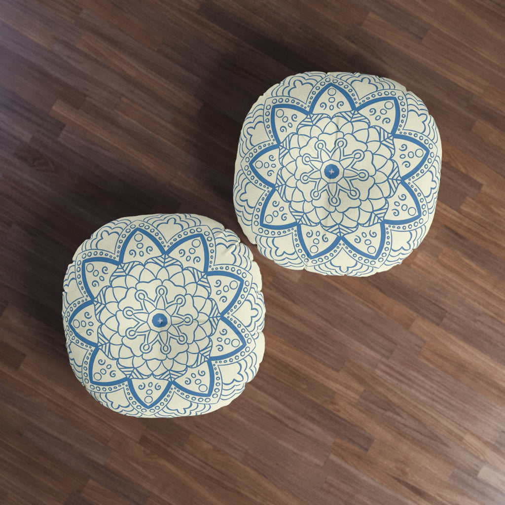 Floor Cushion Handmade Mandala Art - Steel Blue on Beige background - Drawn by Hand - Tufted Floor Pillow, Round - Blululi