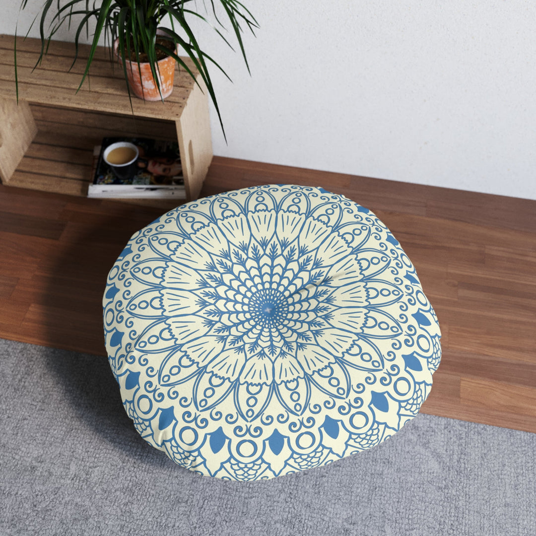 Floor Cushion Handmade Mandala Art - Steel Blue on Beige background - Drawn by Hand - Tufted Floor Pillow, Round - Blululi