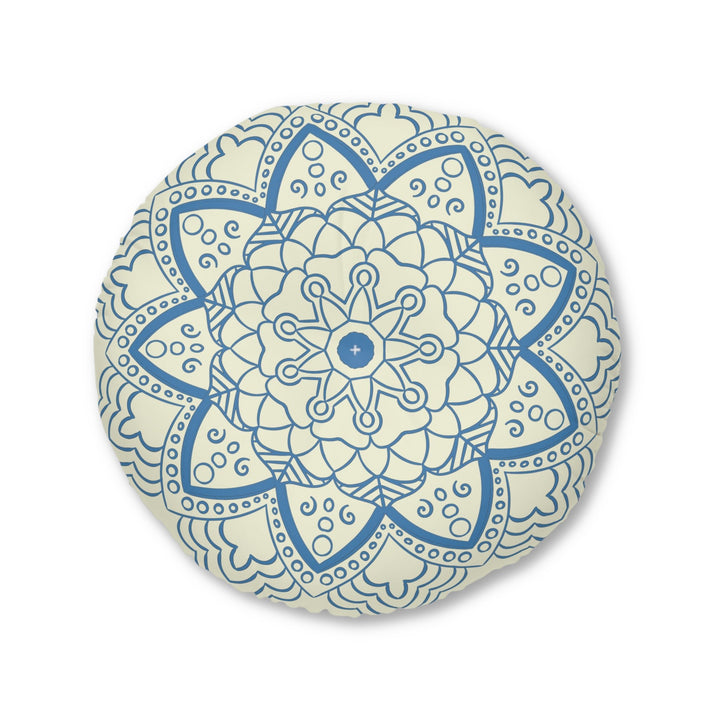 Floor Cushion Handmade Mandala Art - Steel Blue on Beige background - Drawn by Hand - Tufted Floor Pillow, Round - Blululi