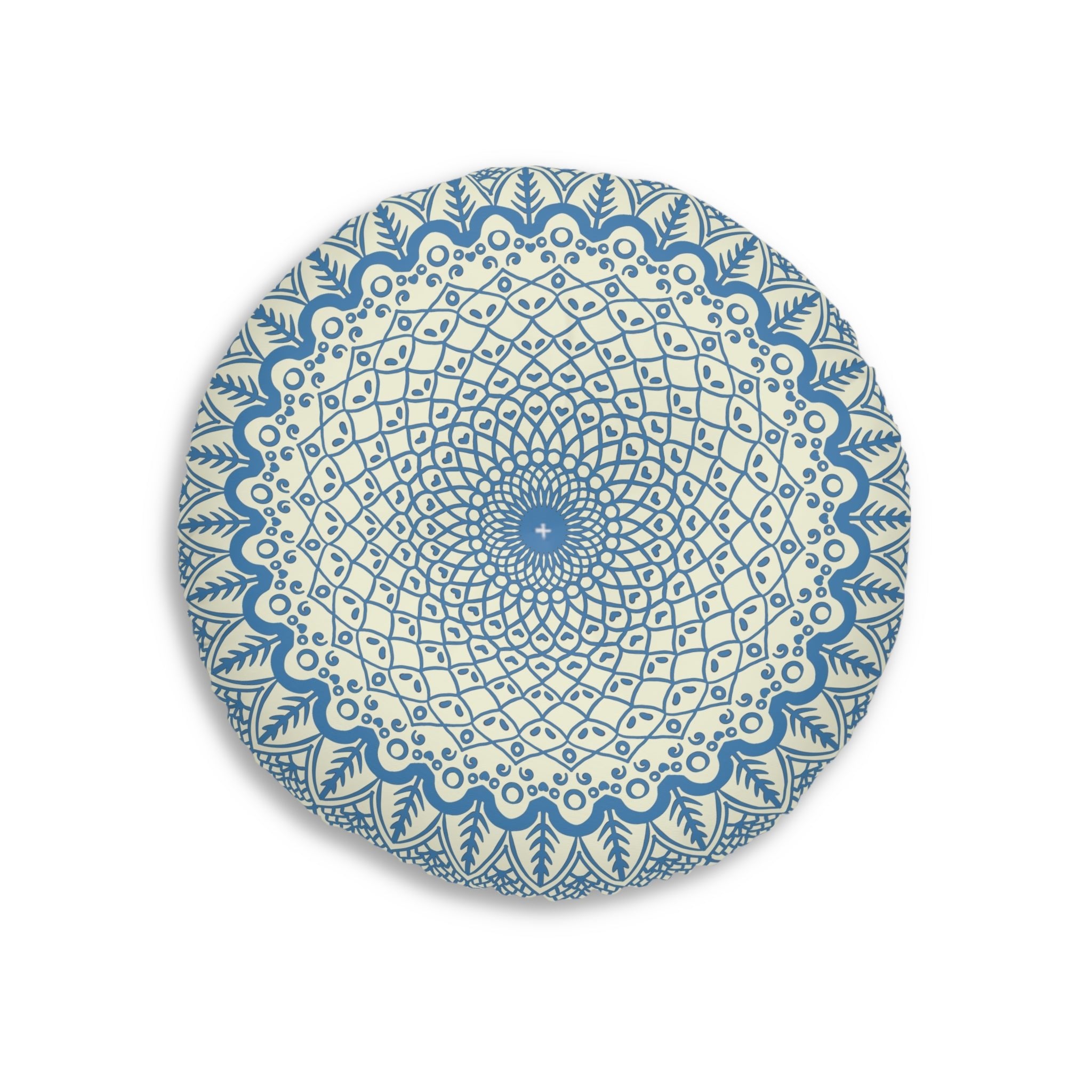 Floor Cushion Handmade Mandala Art - Steel Blue on Beige background - Drawn by Hand - Tufted Floor Pillow, Round - Blululi