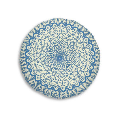 Floor Cushion Handmade Mandala Art - Steel Blue on Beige background - Drawn by Hand - Tufted Floor Pillow, Round - Blululi