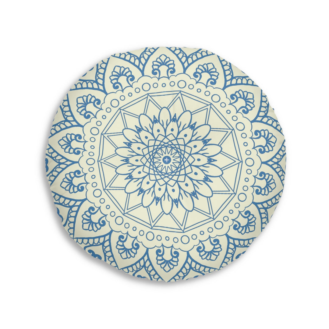 Floor Cushion Handmade Mandala Art - Steel Blue on Beige background - Drawn by Hand - Tufted Floor Pillow, Round - Blululi