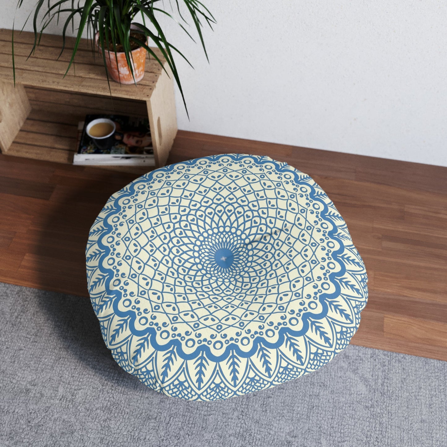 Floor Cushion Handmade Mandala Art - Steel Blue on Beige background - Drawn by Hand - Tufted Floor Pillow, Round - Blululi