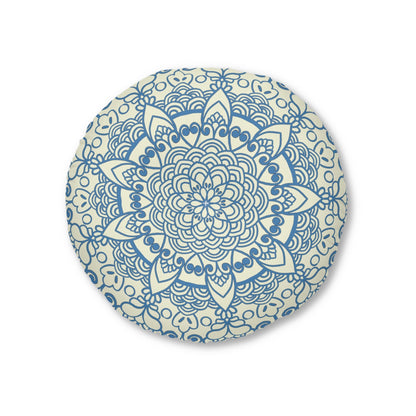 Floor Cushion Handmade Mandala Art - Steel Blue on Beige background - Drawn by Hand - Tufted Floor Pillow, Round - Blululi