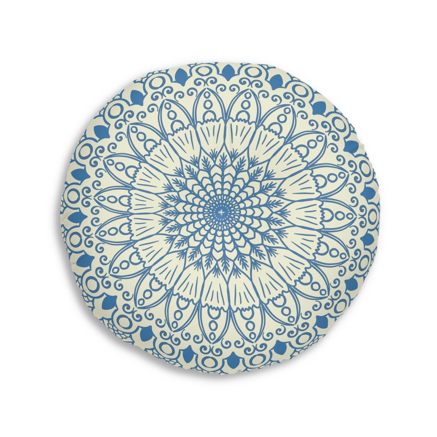 Floor Cushion Handmade Mandala Art - Steel Blue on Beige background - Drawn by Hand - Tufted Floor Pillow, Round - Blululi