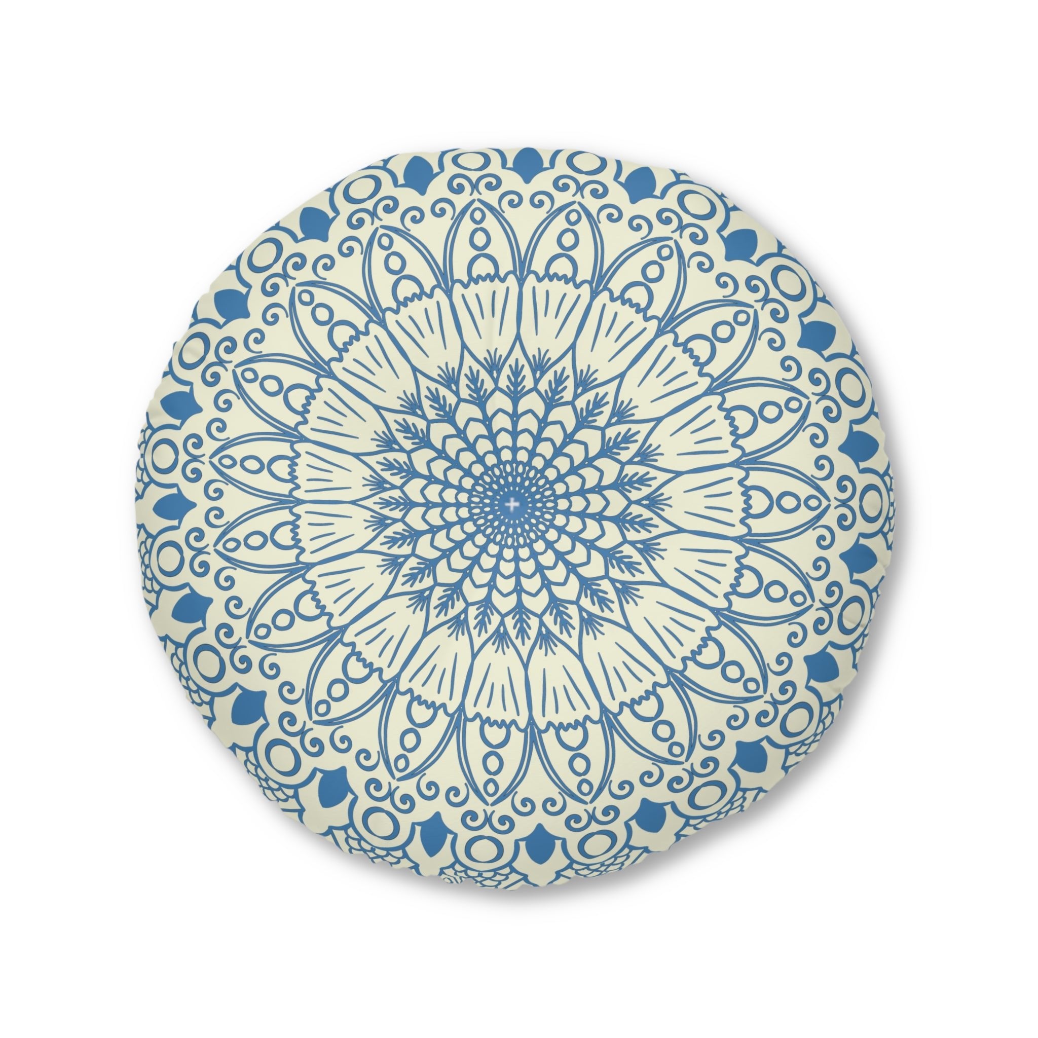 Floor Cushion Handmade Mandala Art - Steel Blue on Beige background - Drawn by Hand - Tufted Floor Pillow, Round - Blululi