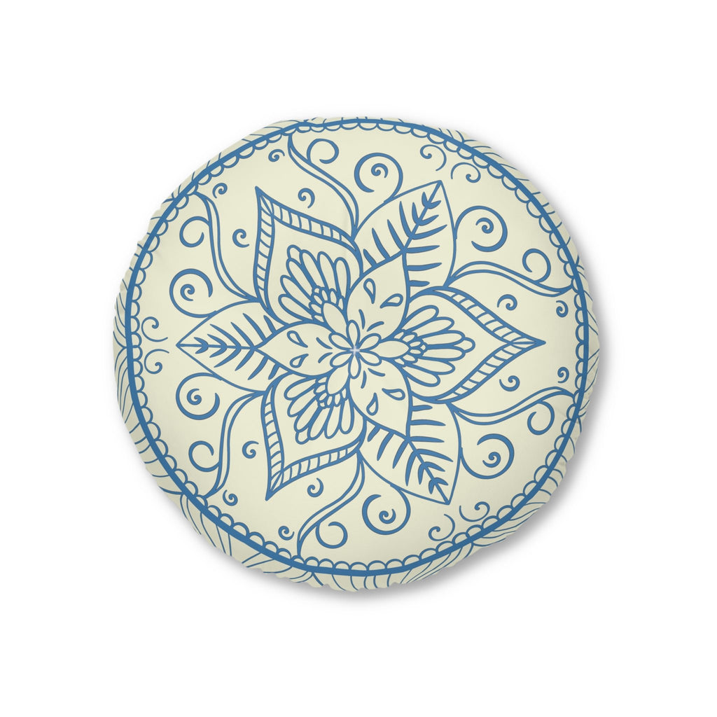 Floor Cushion Handmade Mandala Art - Steel Blue on Beige background - Drawn by Hand - Tufted Floor Pillow, Round - Blululi