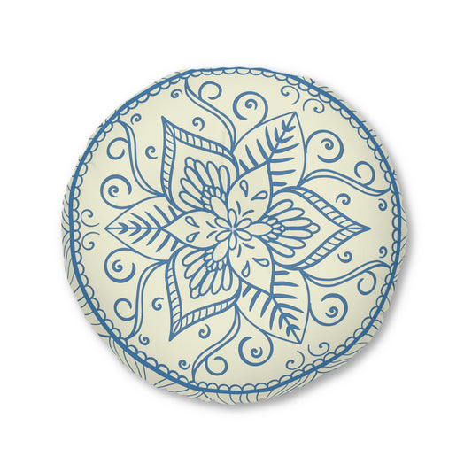 Floor Cushion Handmade Mandala Art - Steel Blue on Beige background - Drawn by Hand - Tufted Floor Pillow, Round - Blululi