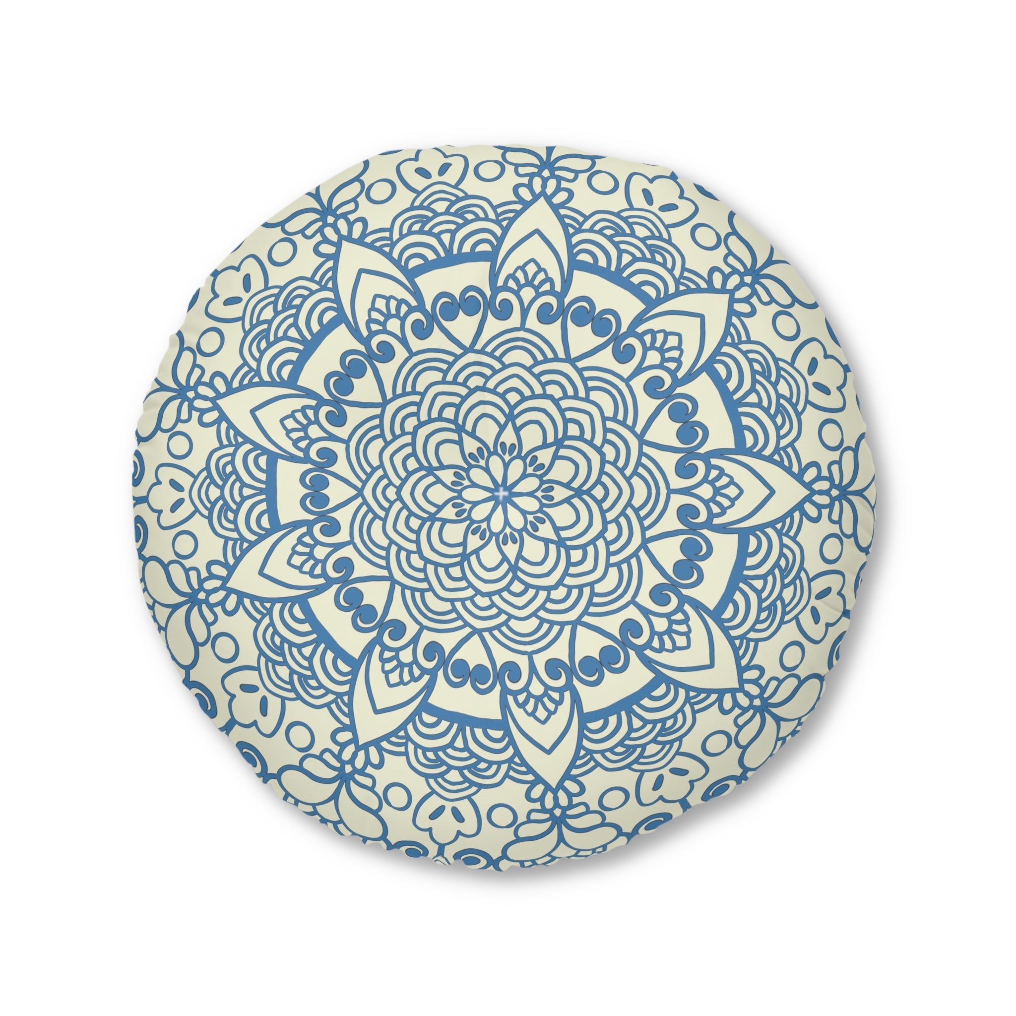 Floor Cushion Handmade Mandala Art - Steel Blue on Beige background - Drawn by Hand - Tufted Floor Pillow, Round - Blululi