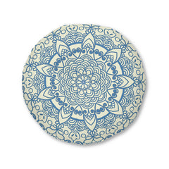 Floor Cushion Handmade Mandala Art - Steel Blue on Beige background - Drawn by Hand - Tufted Floor Pillow, Round - Blululi