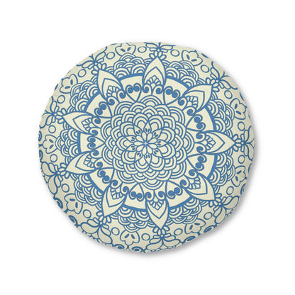 Floor Cushion Handmade Mandala Art - Steel Blue on Beige background - Drawn by Hand - Tufted Floor Pillow, Round - Blululi