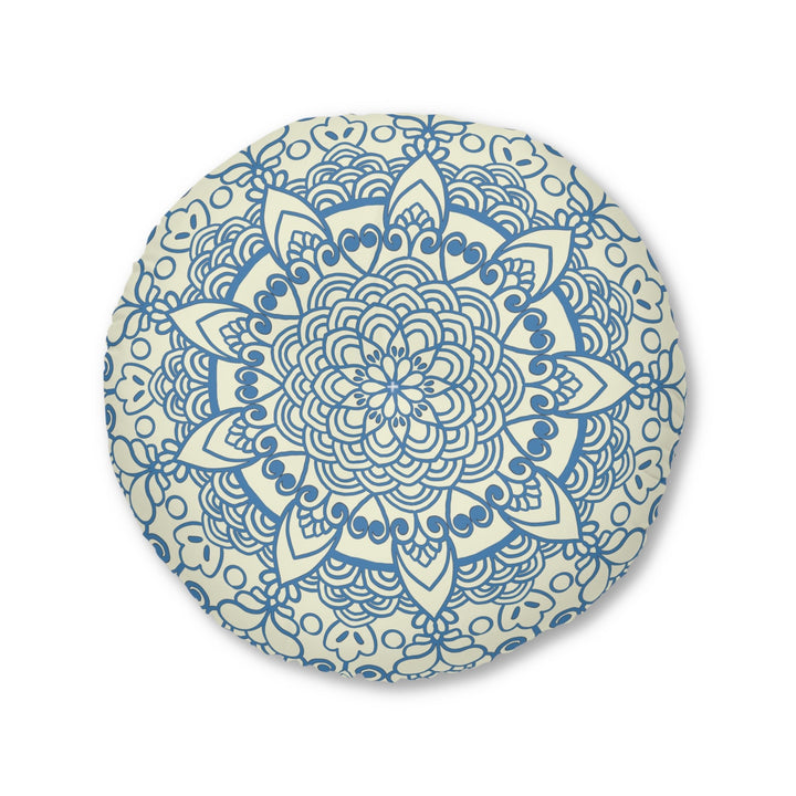 Floor Cushion Handmade Mandala Art - Steel Blue on Beige background - Drawn by Hand - Tufted Floor Pillow, Round - Blululi