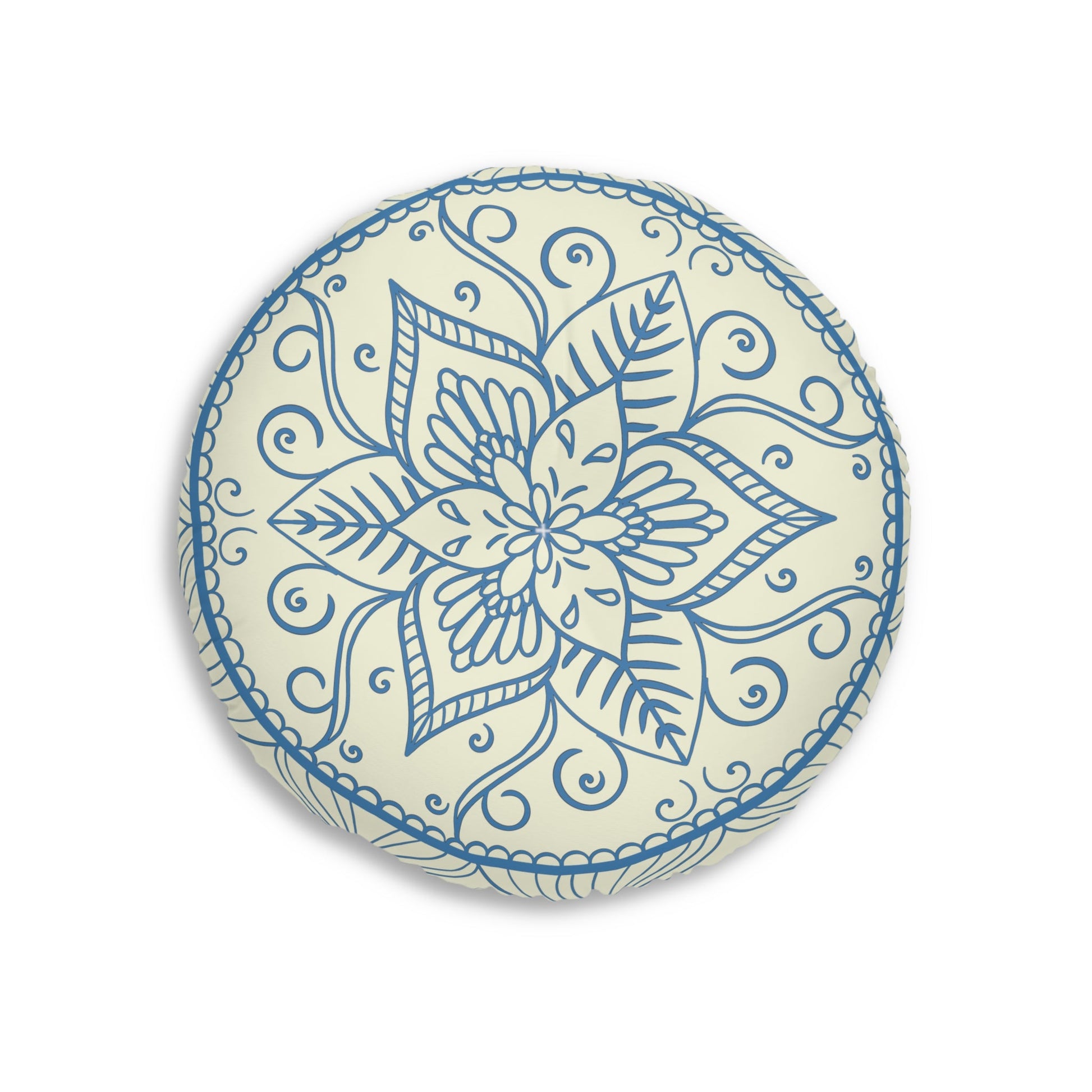 Floor Cushion Handmade Mandala Art - Steel Blue on Beige background - Drawn by Hand - Tufted Floor Pillow, Round - Blululi