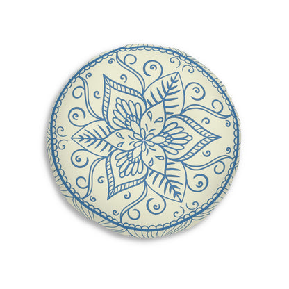 Floor Cushion Handmade Mandala Art - Steel Blue on Beige background - Drawn by Hand - Tufted Floor Pillow, Round - Blululi