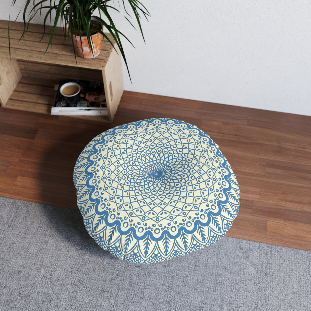 Floor Cushion Handmade Mandala Art - Steel Blue on Beige background - Drawn by Hand - Tufted Floor Pillow, Round - Blululi