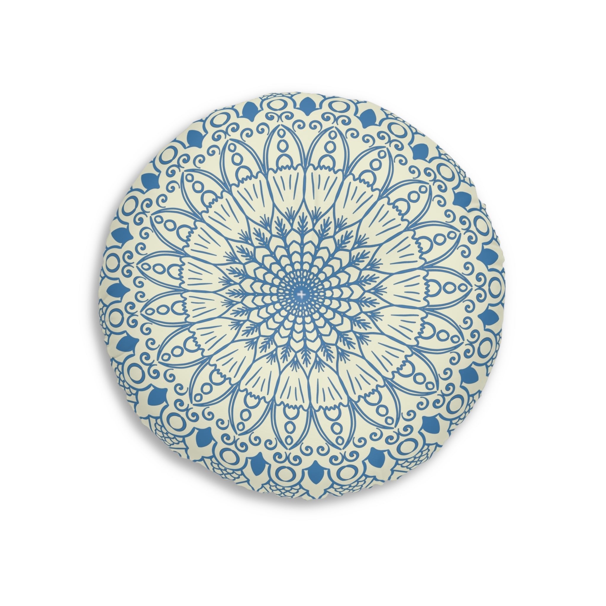 Floor Cushion Handmade Mandala Art - Steel Blue on Beige background - Drawn by Hand - Tufted Floor Pillow, Round - Blululi