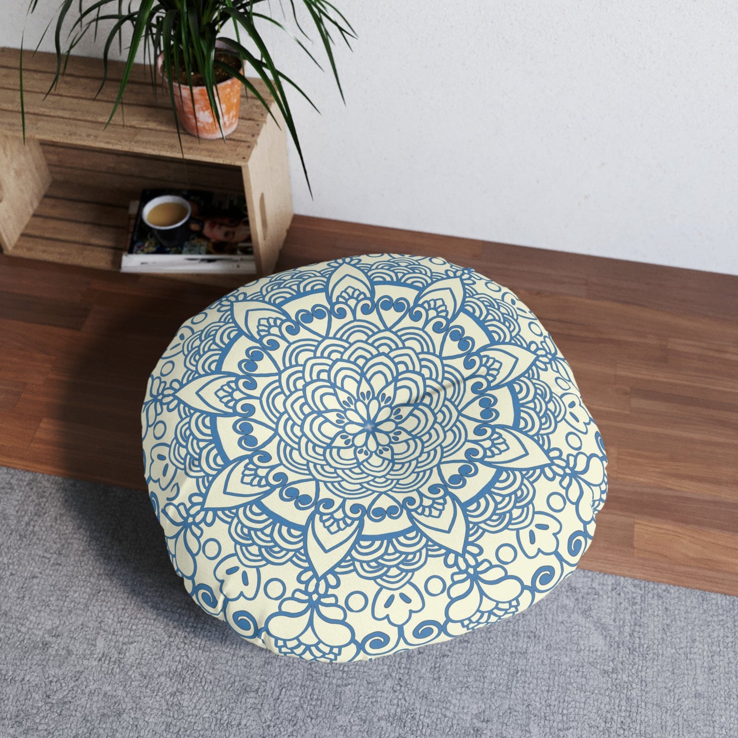 Floor Cushion Handmade Mandala Art - Steel Blue on Beige background - Drawn by Hand - Tufted Floor Pillow, Round - Blululi