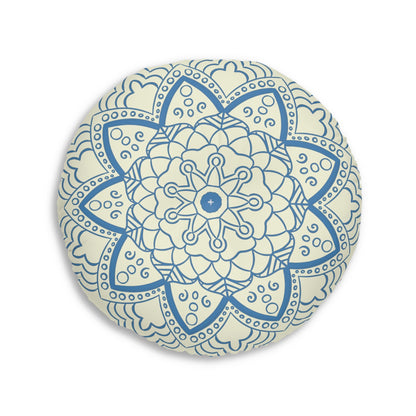 Floor Cushion Handmade Mandala Art - Steel Blue on Beige background - Drawn by Hand - Tufted Floor Pillow, Round - Blululi