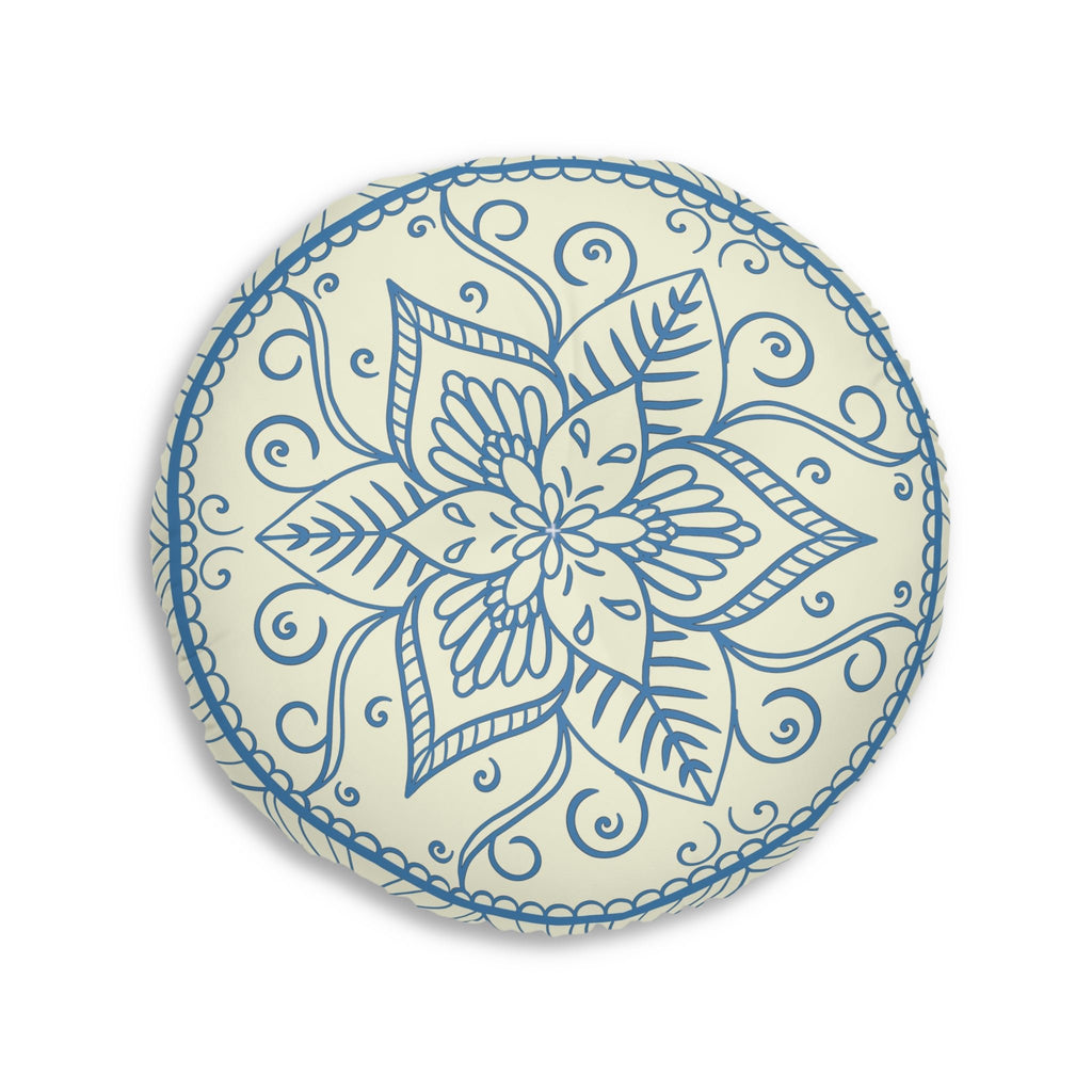 Floor Cushion Handmade Mandala Art - Steel Blue on Beige background - Drawn by Hand - Tufted Floor Pillow, Round - Blululi