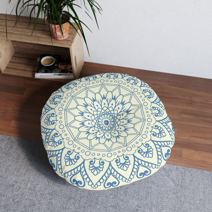 Floor Cushion Handmade Mandala Art - Steel Blue on Beige background - Drawn by Hand - Tufted Floor Pillow, Round - Blululi