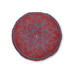 Floor Cushion Handmade Mandala Art - Steel Blue on Brown background - Drawn by Hand - Tufted Floor Pillow, Round - Blululi