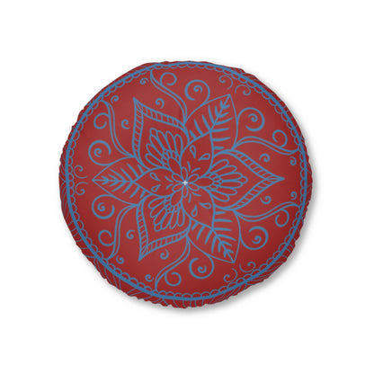 Floor Cushion Handmade Mandala Art - Steel Blue on Brown background - Drawn by Hand - Tufted Floor Pillow, Round - Blululi