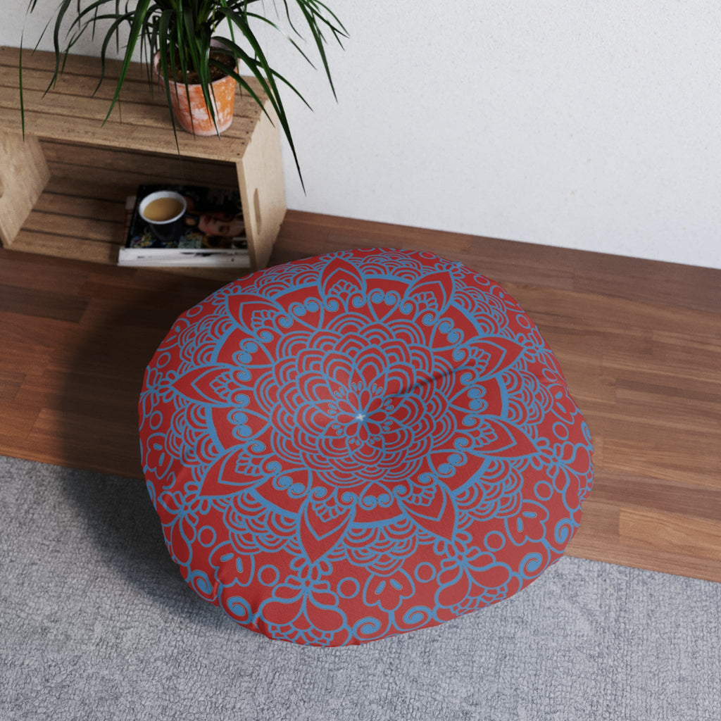 Floor Cushion Handmade Mandala Art - Steel Blue on Brown background - Drawn by Hand - Tufted Floor Pillow, Round - Blululi