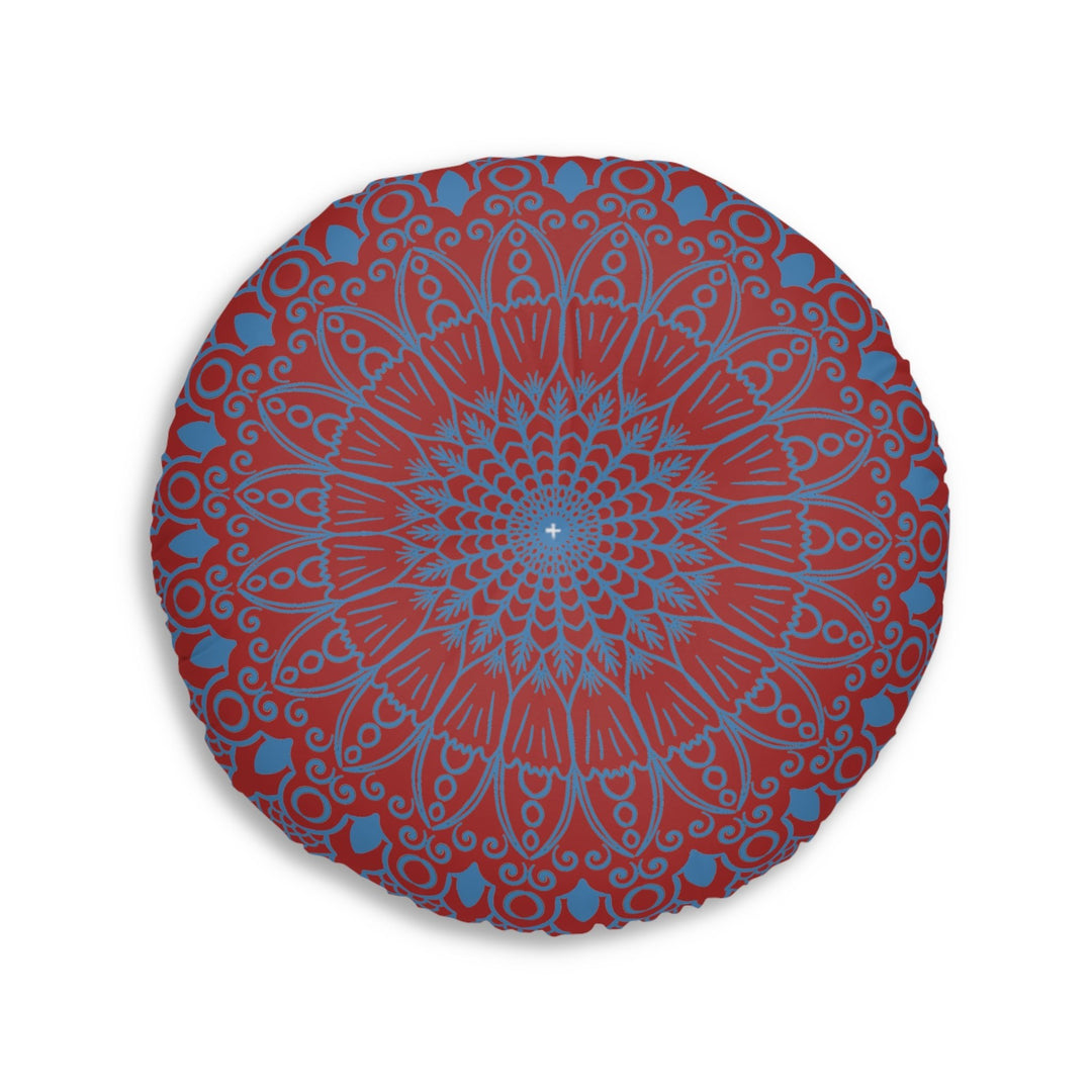 Floor Cushion Handmade Mandala Art - Steel Blue on Brown background - Drawn by Hand - Tufted Floor Pillow, Round - Blululi