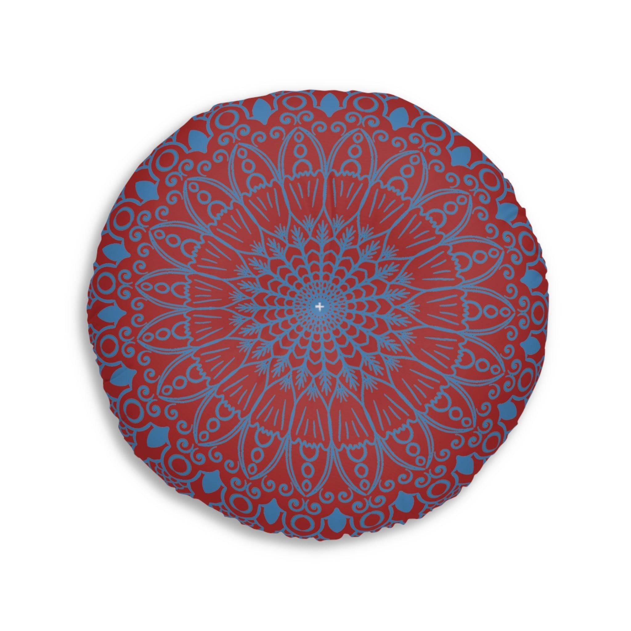 Floor Cushion Handmade Mandala Art - Steel Blue on Brown background - Drawn by Hand - Tufted Floor Pillow, Round - Blululi