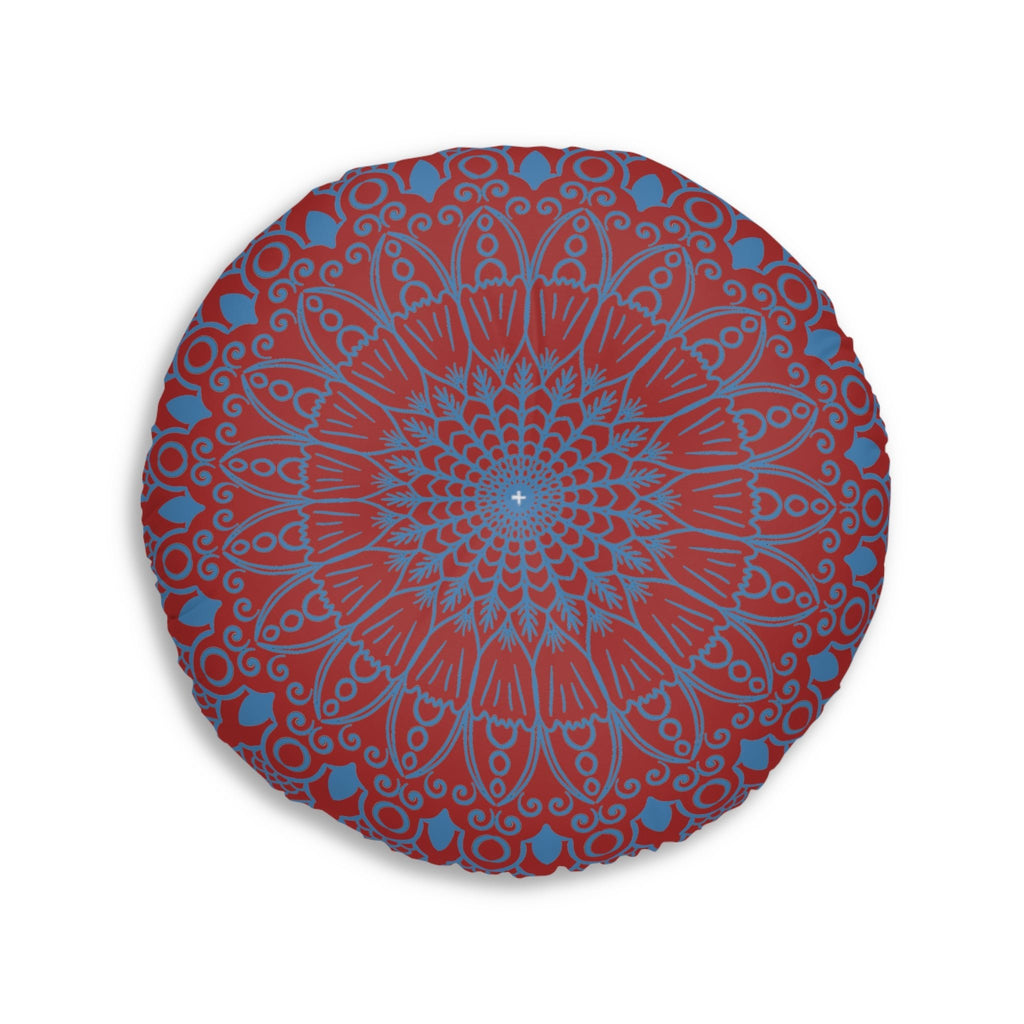 Floor Cushion Handmade Mandala Art - Steel Blue on Brown background - Drawn by Hand - Tufted Floor Pillow, Round - Blululi