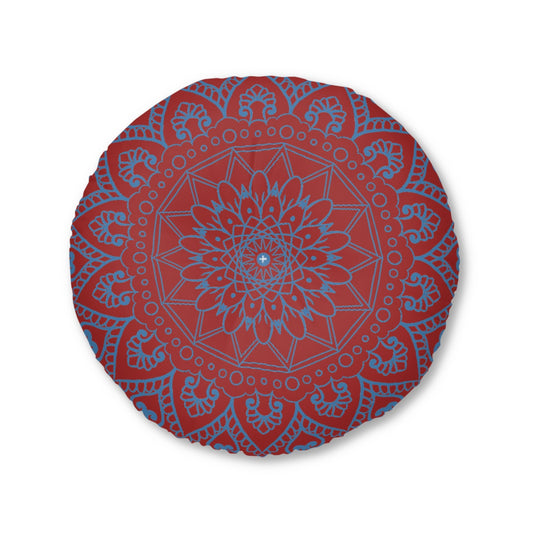 Floor Cushion Handmade Mandala Art - Steel Blue on Brown background - Drawn by Hand - Tufted Floor Pillow, Round - Blululi