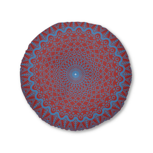 Floor Cushion Handmade Mandala Art - Steel Blue on Brown background - Drawn by Hand - Tufted Floor Pillow, Round - Blululi