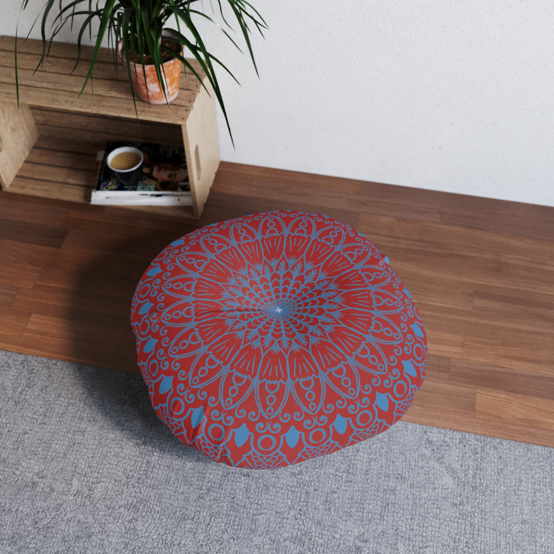 Floor Cushion Handmade Mandala Art - Steel Blue on Brown background - Drawn by Hand - Tufted Floor Pillow, Round - Blululi