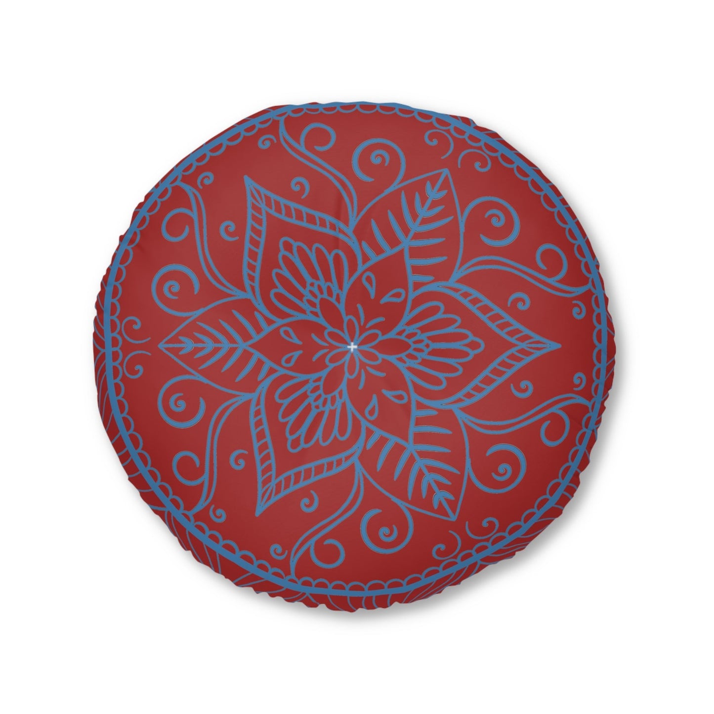 Floor Cushion Handmade Mandala Art - Steel Blue on Brown background - Drawn by Hand - Tufted Floor Pillow, Round - Blululi