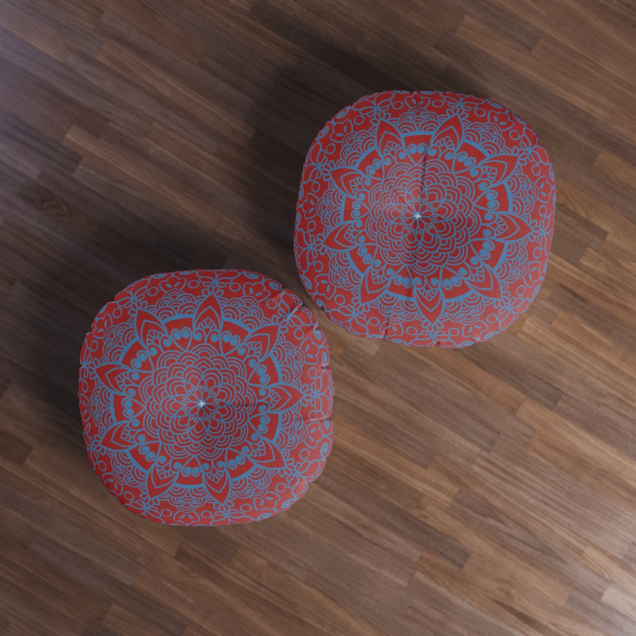 Floor Cushion Handmade Mandala Art - Steel Blue on Brown background - Drawn by Hand - Tufted Floor Pillow, Round - Blululi