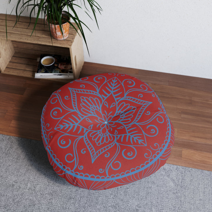 Floor Cushion Handmade Mandala Art - Steel Blue on Brown background - Drawn by Hand - Tufted Floor Pillow, Round - Blululi