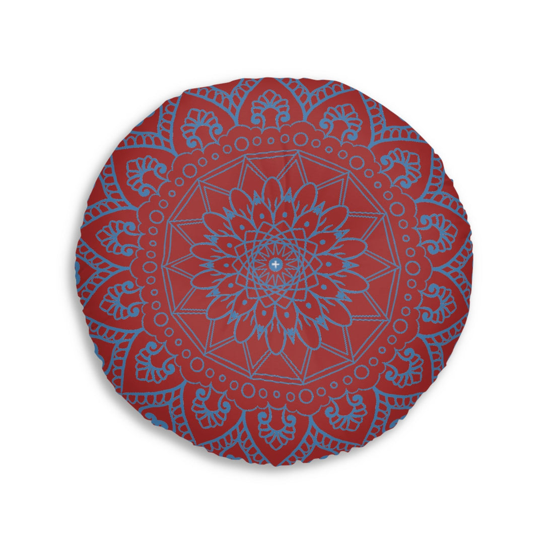 Floor Cushion Handmade Mandala Art - Steel Blue on Brown background - Drawn by Hand - Tufted Floor Pillow, Round - Blululi