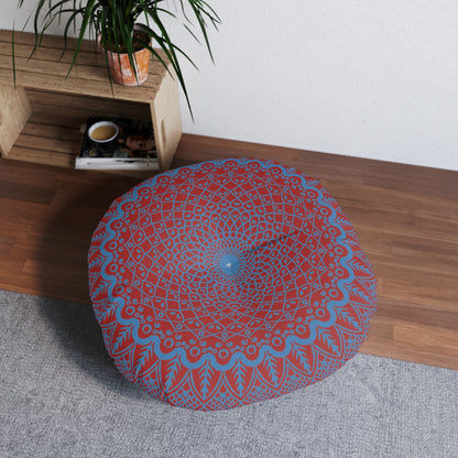 Floor Cushion Handmade Mandala Art - Steel Blue on Brown background - Drawn by Hand - Tufted Floor Pillow, Round - Blululi