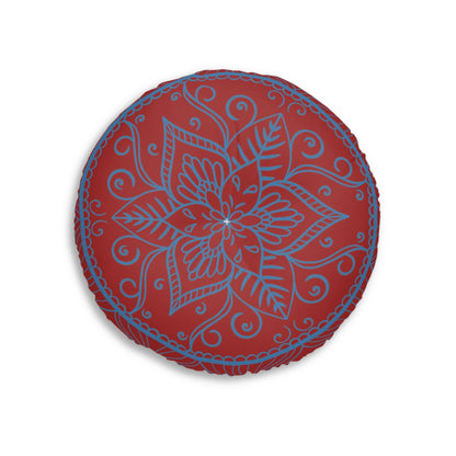 Floor Cushion Handmade Mandala Art - Steel Blue on Brown background - Drawn by Hand - Tufted Floor Pillow, Round - Blululi