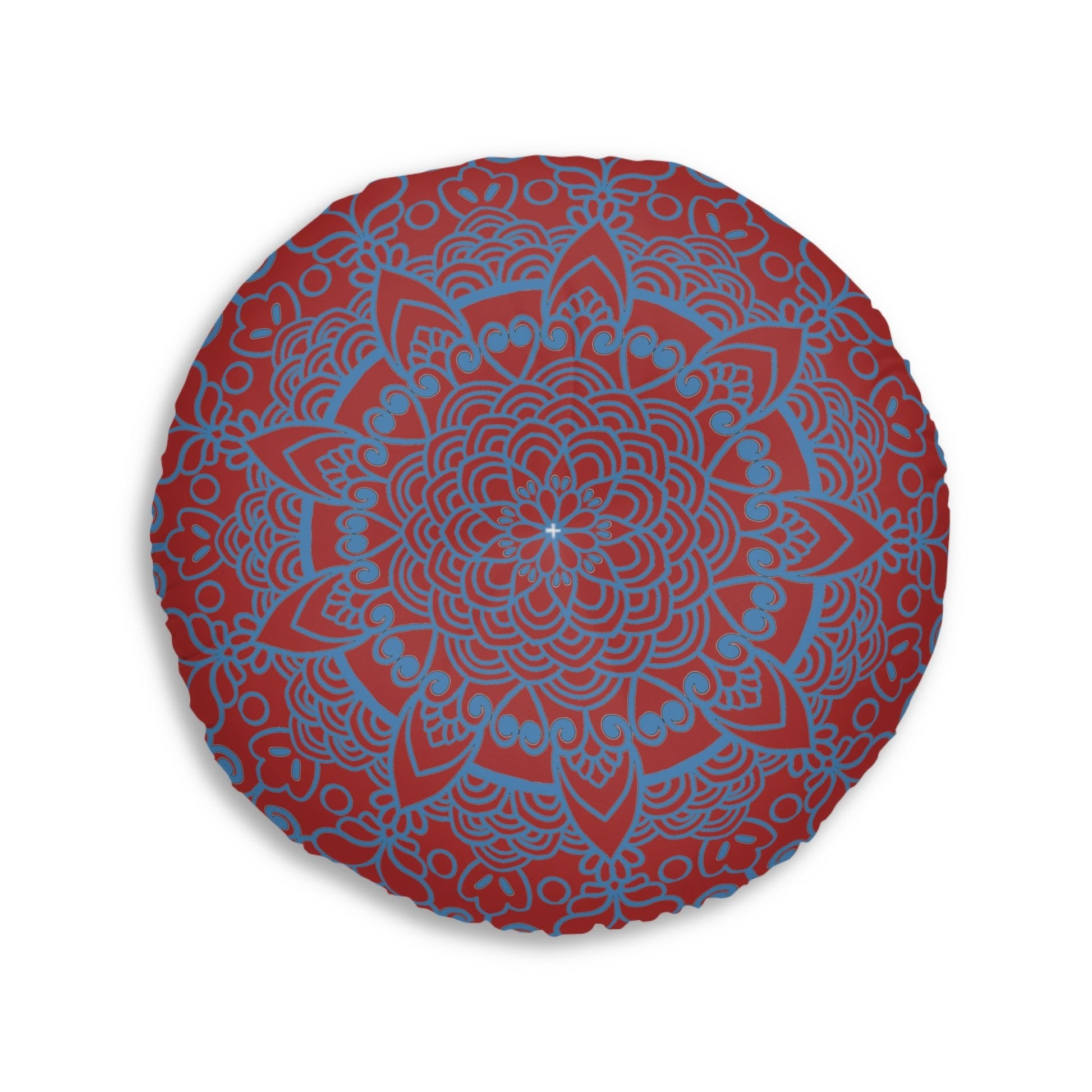 Floor Cushion Handmade Mandala Art - Steel Blue on Brown background - Drawn by Hand - Tufted Floor Pillow, Round - Blululi