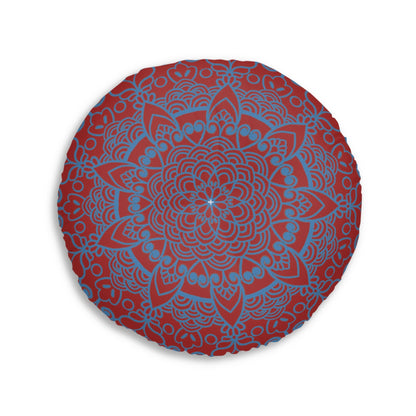 Floor Cushion Handmade Mandala Art - Steel Blue on Brown background - Drawn by Hand - Tufted Floor Pillow, Round - Blululi