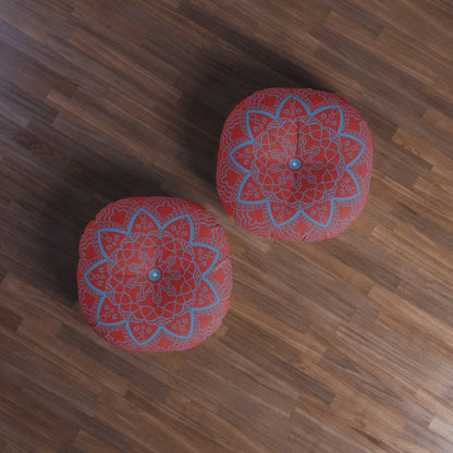 Floor Cushion Handmade Mandala Art - Steel Blue on Brown background - Drawn by Hand - Tufted Floor Pillow, Round - Blululi