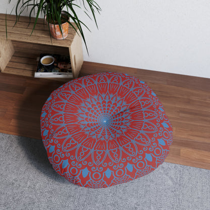 Floor Cushion Handmade Mandala Art - Steel Blue on Brown background - Drawn by Hand - Tufted Floor Pillow, Round - Blululi