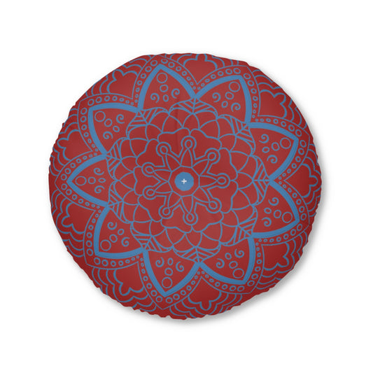 Floor Cushion Handmade Mandala Art - Steel Blue on Brown background - Drawn by Hand - Tufted Floor Pillow, Round - Blululi