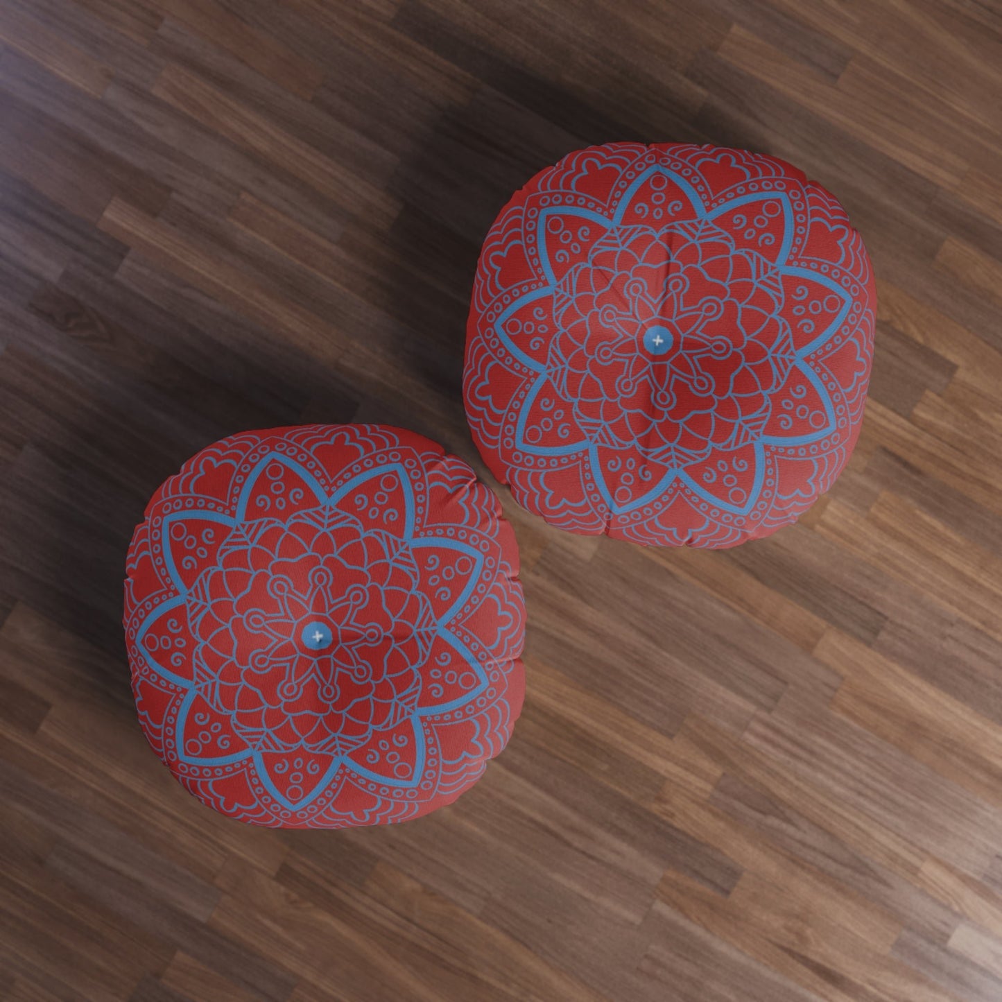 Floor Cushion Handmade Mandala Art - Steel Blue on Brown background - Drawn by Hand - Tufted Floor Pillow, Round - Blululi